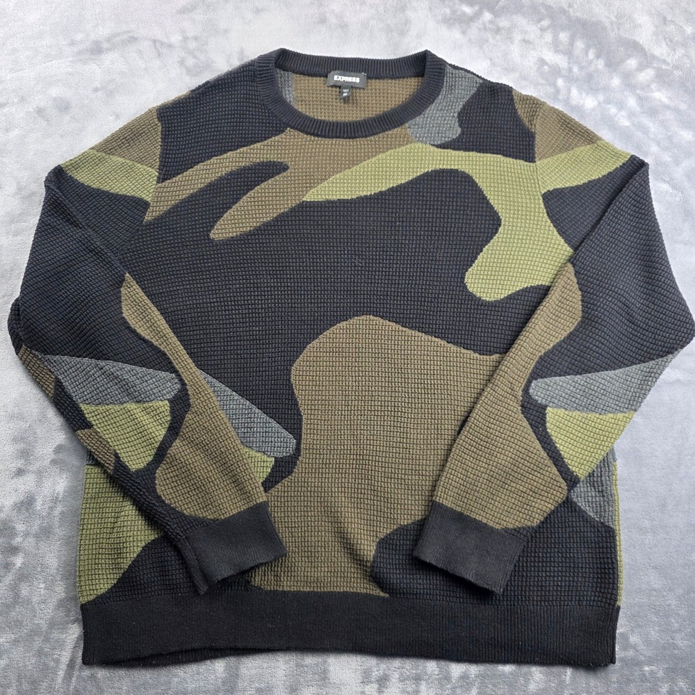Express Sweater Mens XXL Green Camo Waffle Knit Crewneck Cotton Long Sleeve